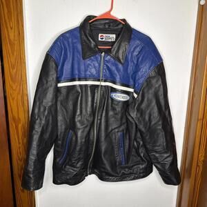 Pepsi Generation Next Mens XL Leather Jacket Black Blue Logo Racing Coat Vtg Y2K